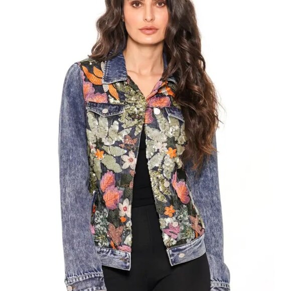 Embroidered Denim Jacket with Sequins - Picture 1 of 1